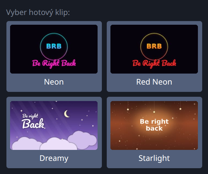 Připravené klipy nepřítomnosti v panelu Stream-Split — vyber jeden a přehrává se na serveru