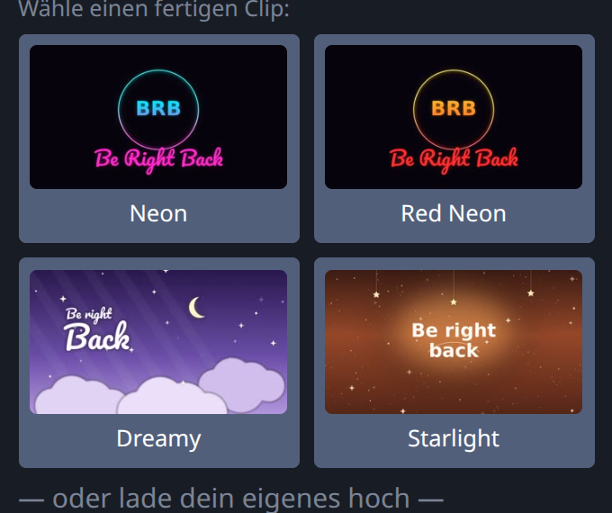 Fertige Abwesenheitsclips im Stream-Split-Dashboard — einen auswählen, er läuft serverseitig