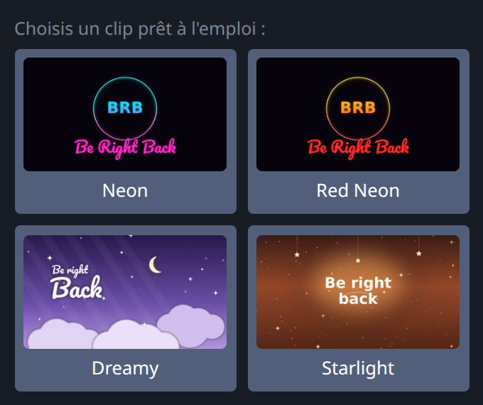 Des vidéos d'absence toutes prêtes dans le tableau de bord Stream-Split — choisis-en une et elle se lance toute seule