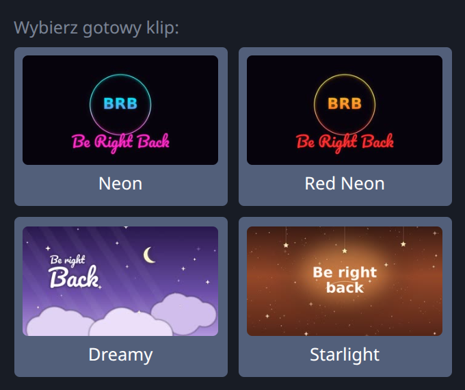Gotowe klipy nieobecności w panelu Stream-Split — wybierz jeden, a odtworzy się po stronie serwera