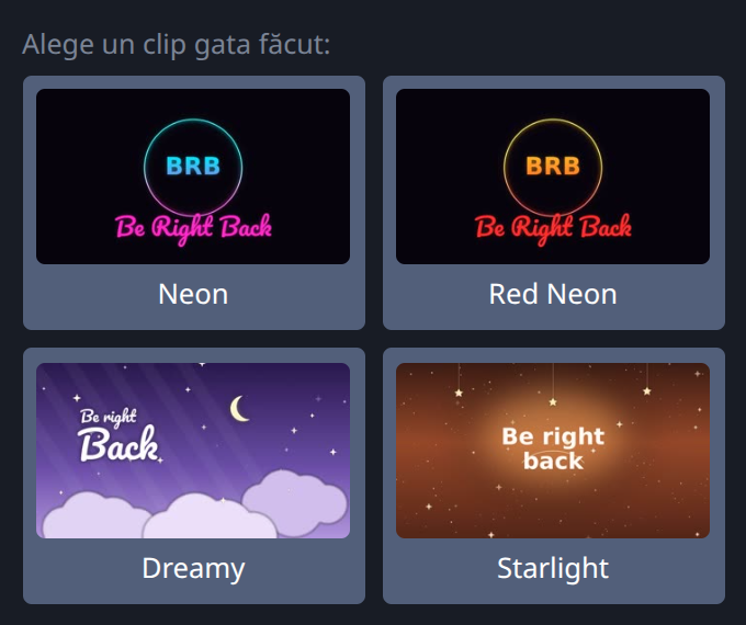 Clipuri de absență gata făcute în panoul Stream-Split — alegi unul și rulează pe server