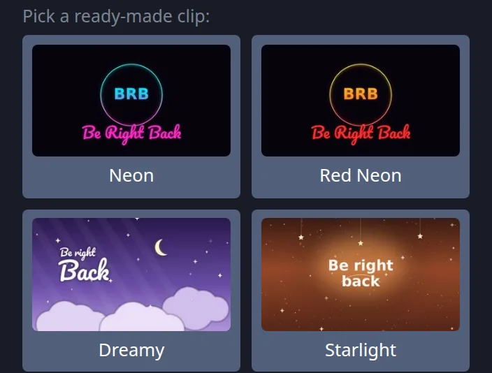 Ready-made away clips in the Stream-Split dashboard — pick one and it plays seamlessly