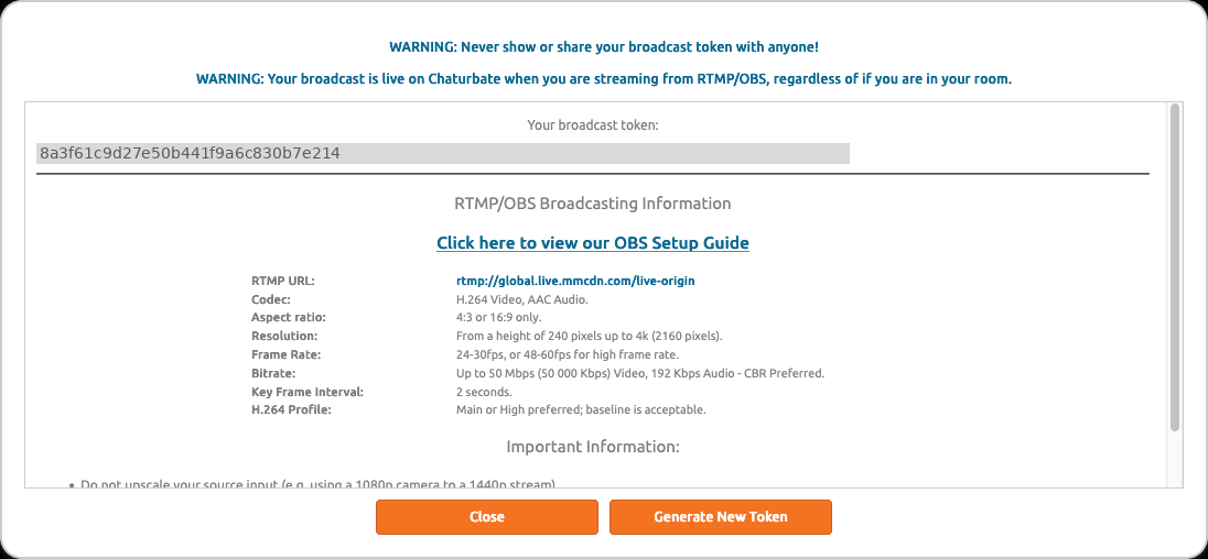 Chaturbate's RTMP/OBS broadcasting information popup showing the broadcast token and server details