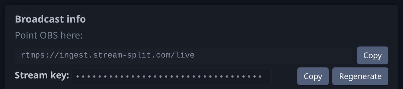 Your dashboard shows the server URL and stream key to paste into OBS