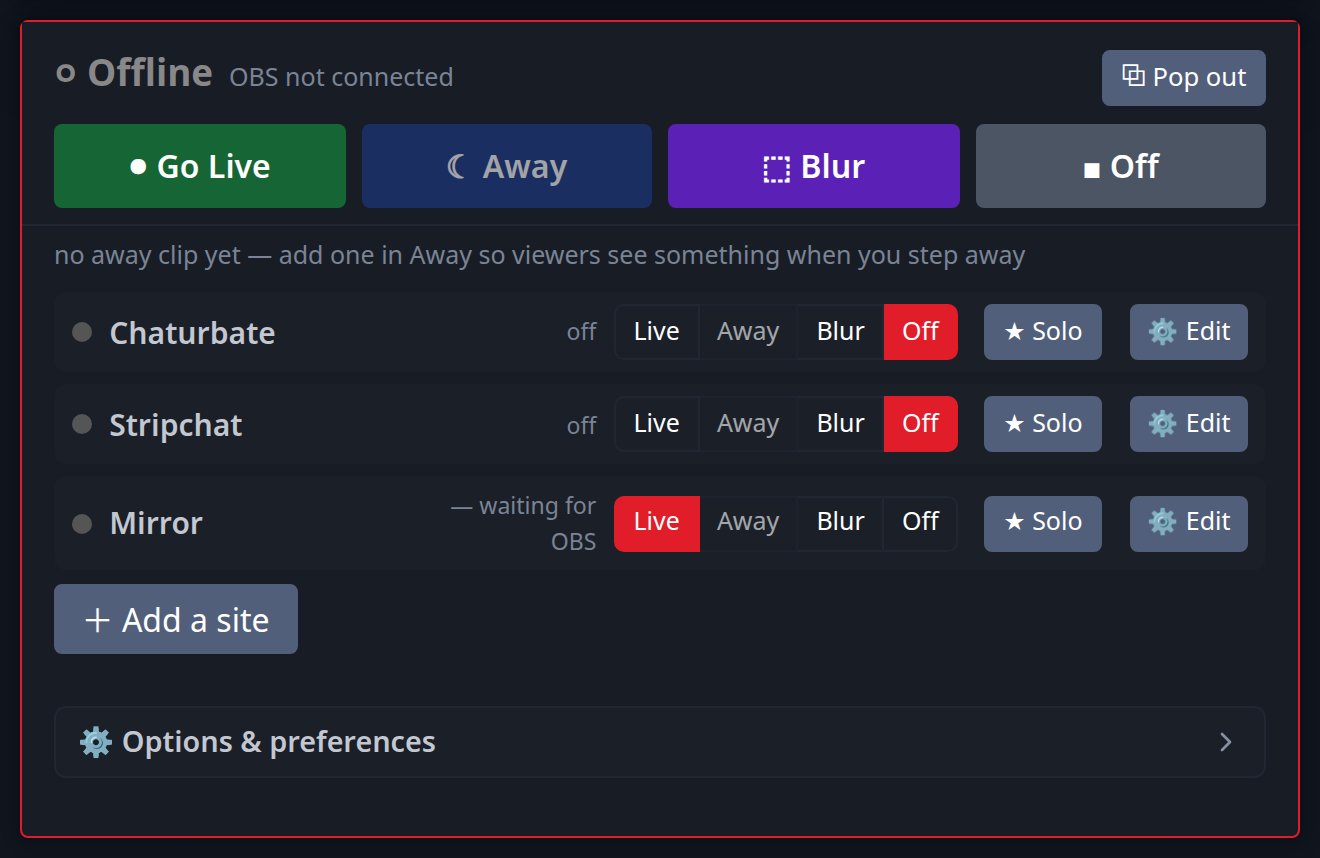 Per-site rows with a Solo button on each — one room stays live, the rest switch together