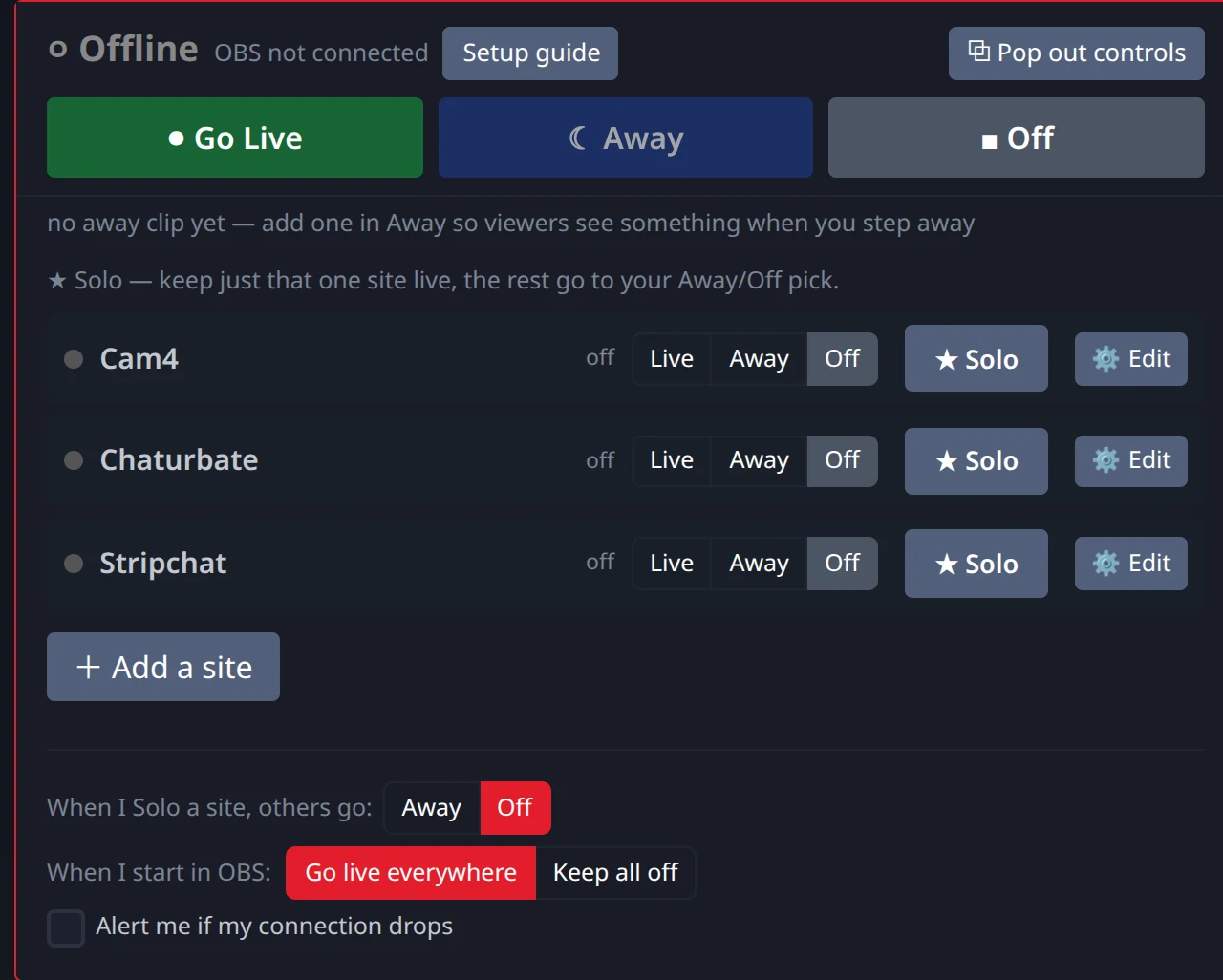 Stream-Split dashboard with Cam4, Chaturbate and Stripchat listed as separate rows, each with its own Live, Away and Off buttons
