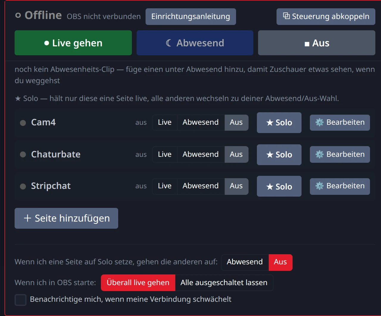Die Stream-Split-Konsole: Jede Seite in einer eigenen Zeile mit Live, Abwesend und Aus, daneben eine Solo-Schaltfläche
