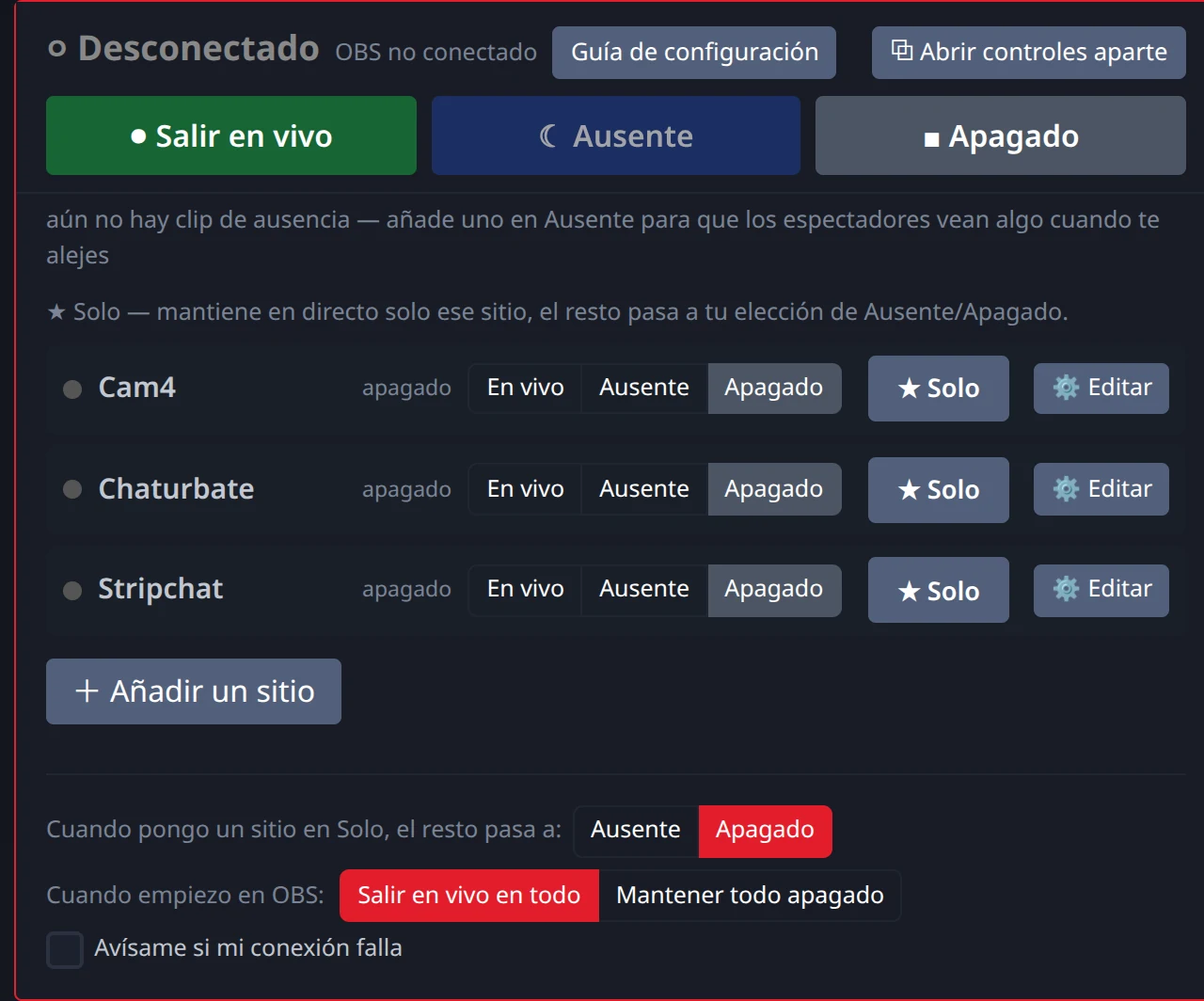 Tres sitios listados en el panel de Stream-Split, cada uno con un botón Solo que mantiene una sala en vivo y pausa el resto