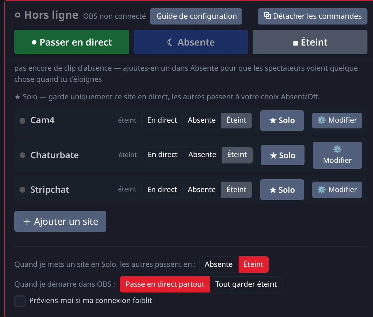 Trois sites affichés dans le tableau de bord Stream-Split, chacun avec un bouton Solo qui maintient un salon en direct et met les autres en pause