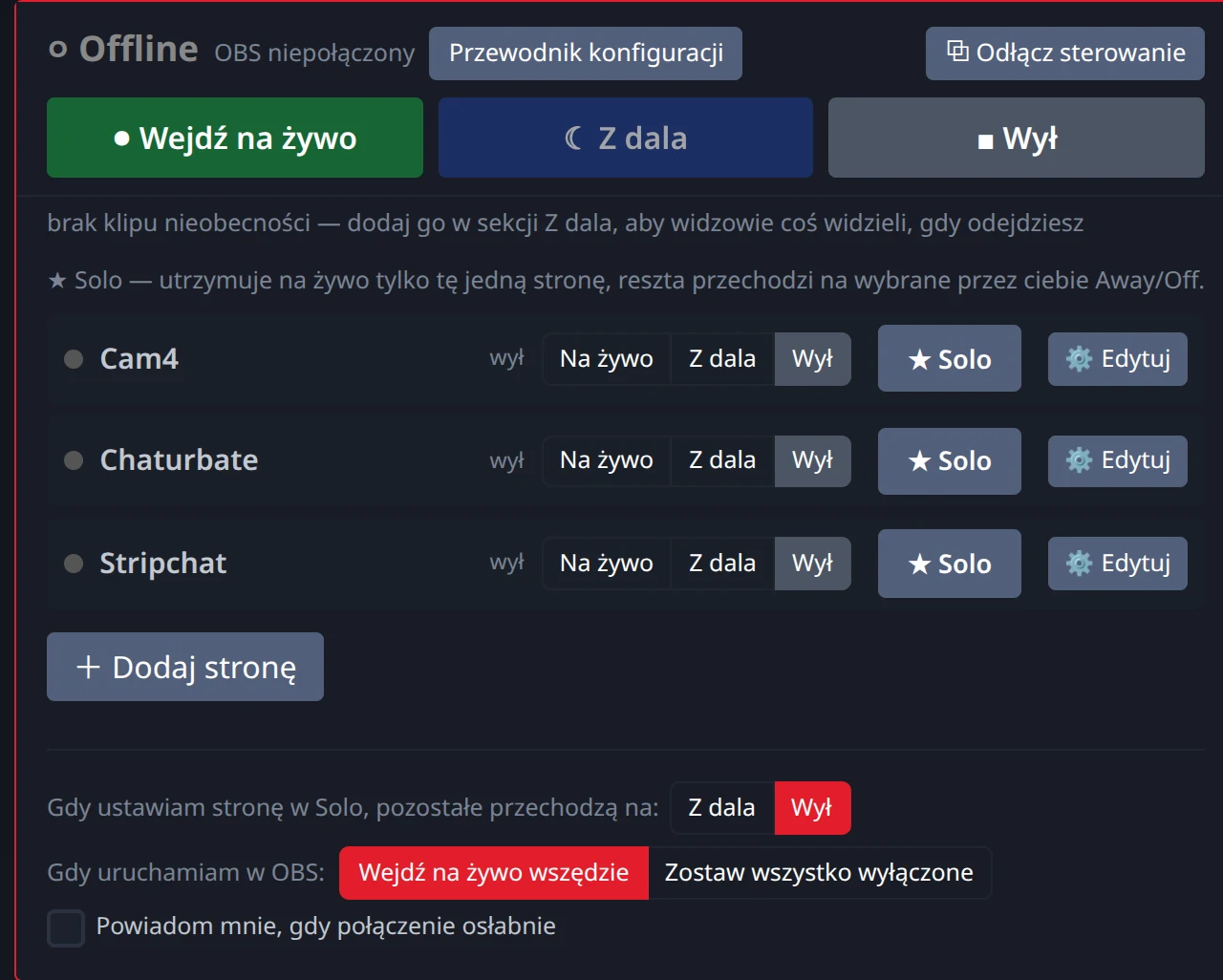 Trzy strony w panelu Stream-Split, każda z przyciskiem Solo, który utrzymuje jeden pokój na żywo, a pozostałe wstrzymuje