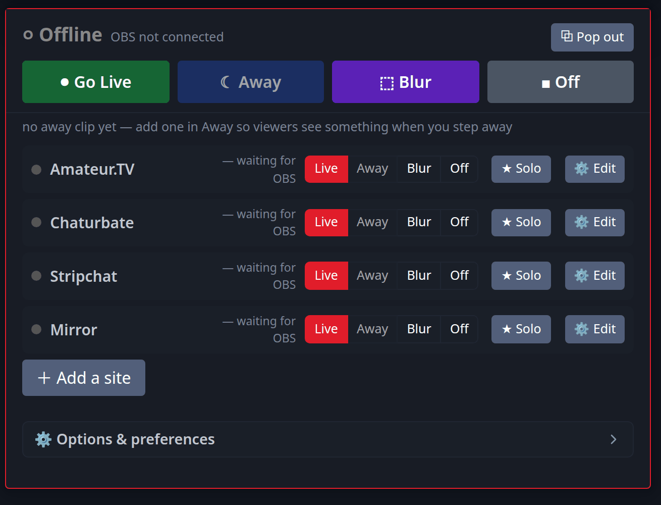 La console Stream-Split : chaque site sur sa propre ligne avec En direct, Absente, Flouter et Éteint, et un bouton Solo à côté