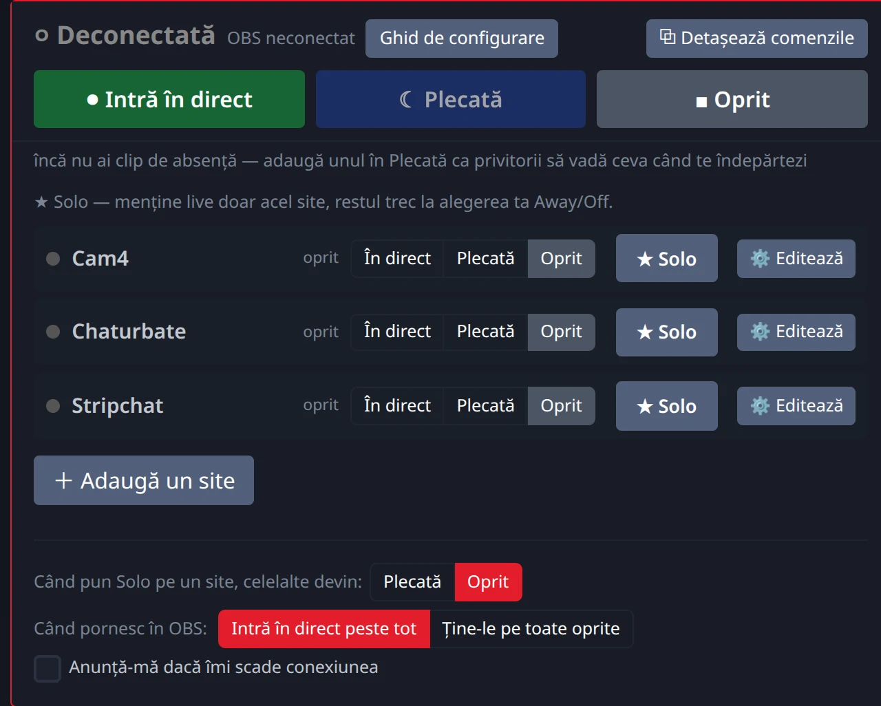 Trei site-uri afișate în panoul Stream-Split, fiecare cu un buton Solo care menține o cameră live și le trece pe pauză pe restul