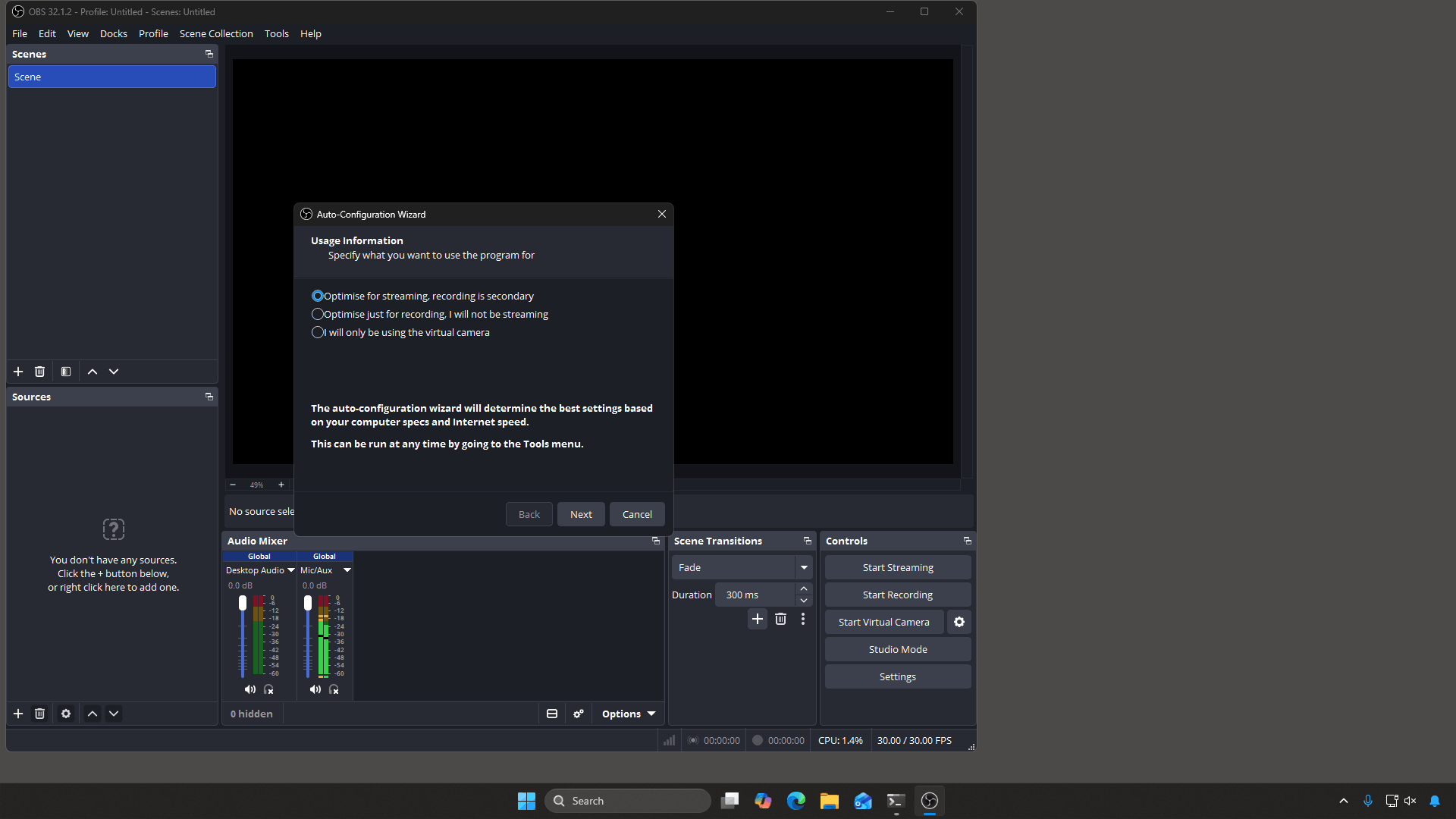 The Auto-Configuration Wizard OBS opens on first run - click Cancel