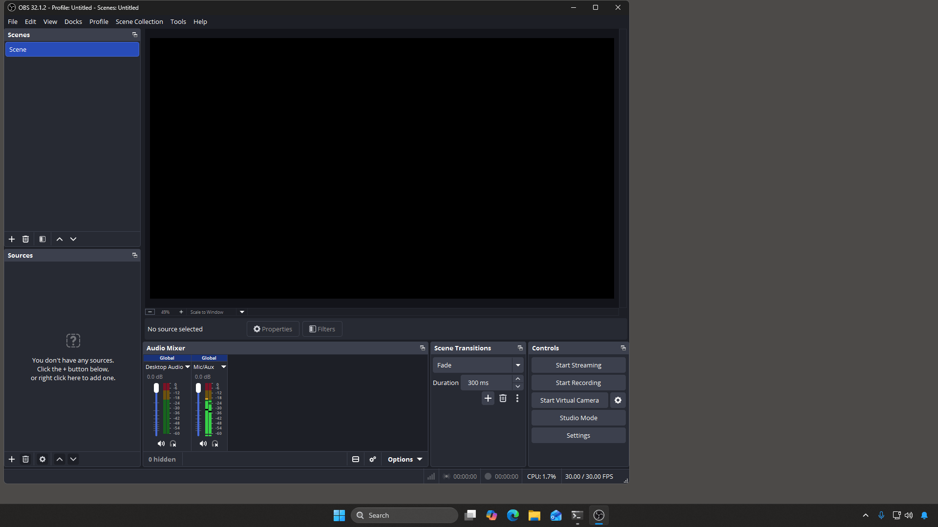 OBS with an empty scene: a black preview and the message You do not have any sources