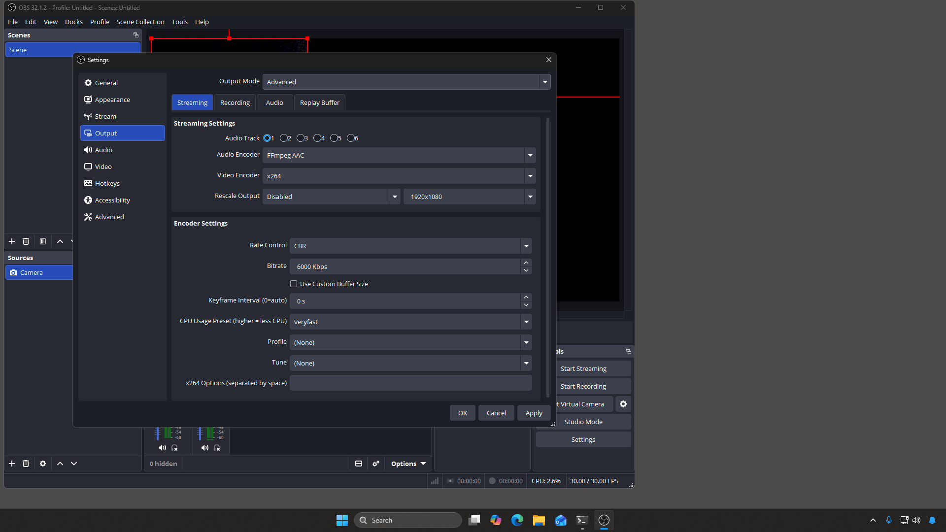 OBS Output settings in Advanced mode showing Rate Control, Bitrate, Keyframe Interval and Profile