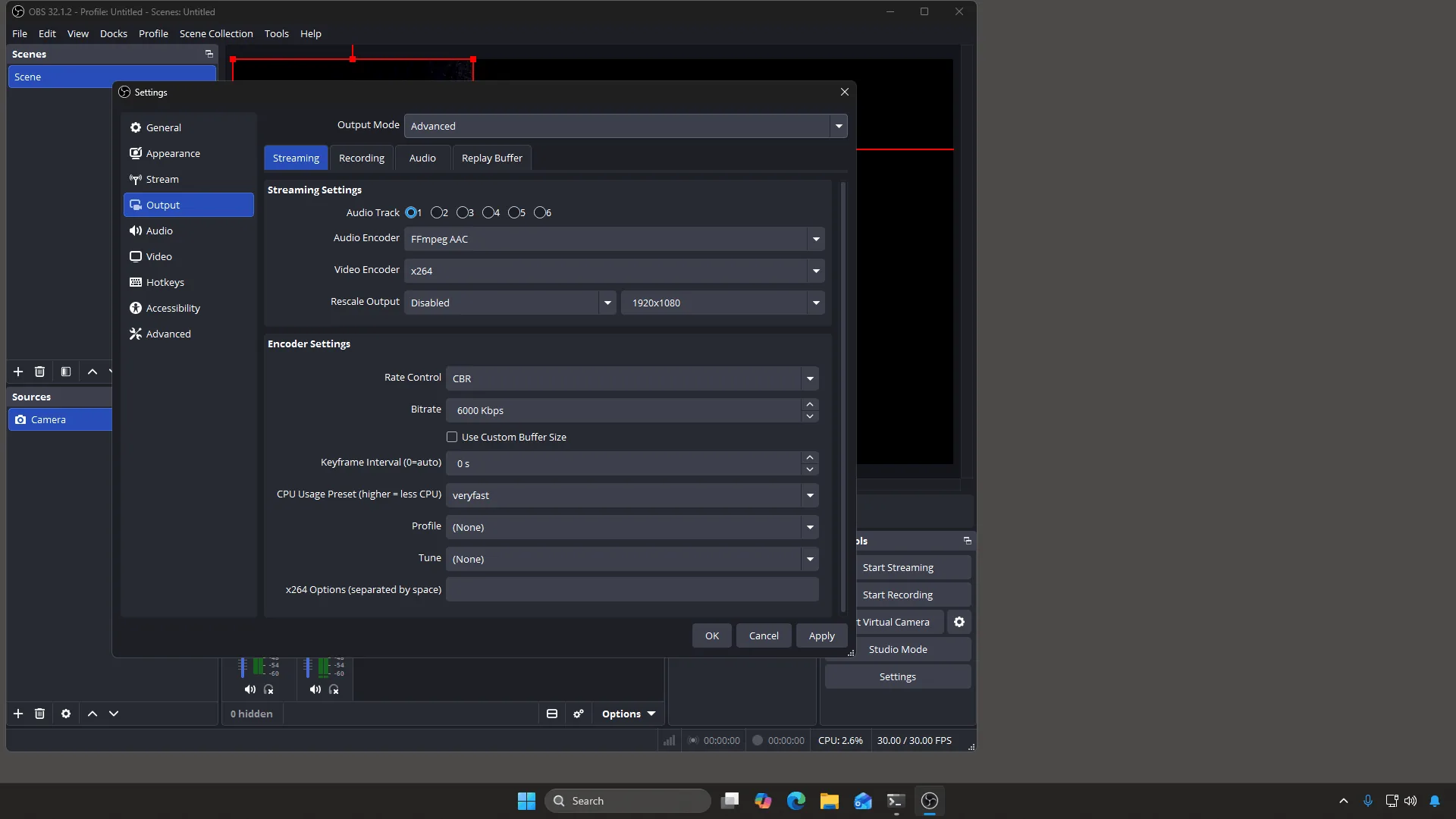 การตั้งค่า เอาต์พุต ของ OBS ในโหมด ขั้นสูง แสดง Rate Control, Bitrate, Keyframe Interval และ Profile