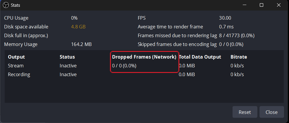หน้าต่างสถิติของ OBS: เฟรมที่หายอาจแสดง 0% ทั้งที่ปัญหาอยู่ไกลออกไปในเส้นทาง