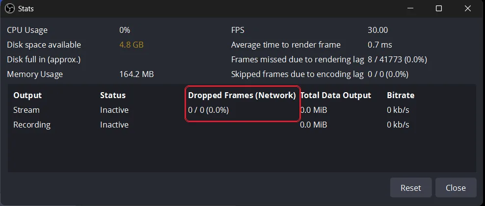 หน้าต่าง OBS Stats