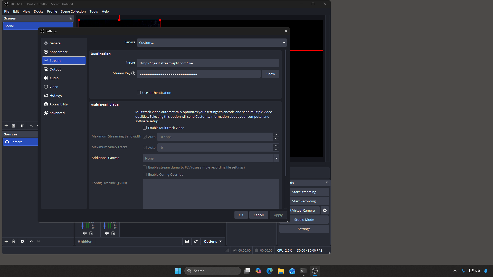 OBS Settings Stream tab with Service set to Custom and the Server and Stream Key boxes filled in