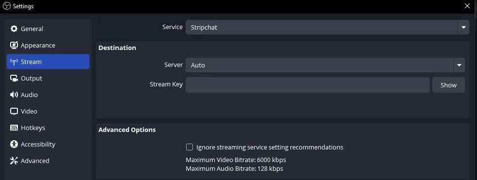 OBS-Einstellungsfenster, Reiter Stream, mit Dienst auf Stripchat gesetzt und sichtbaren Feldern für Server und Stream-Key
