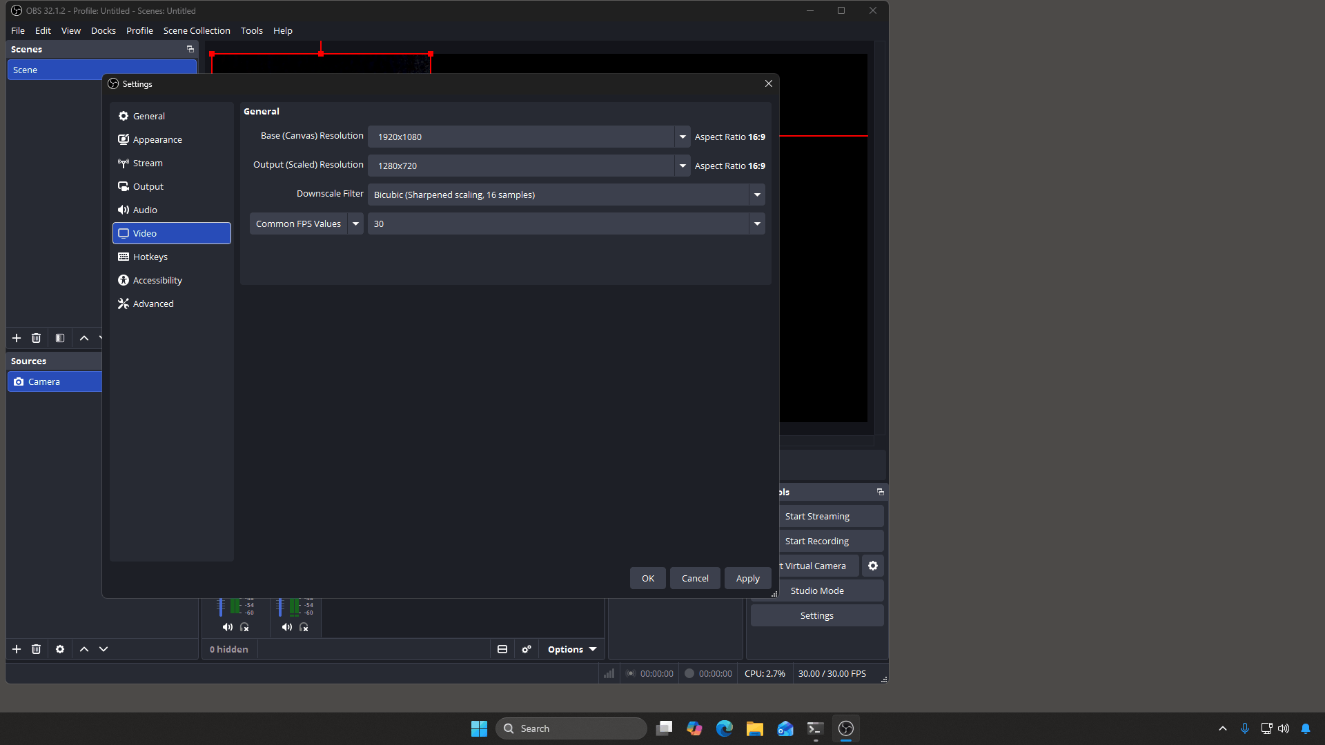 OBS Settings Video tab showing Base Canvas and Output Scaled resolution and FPS
