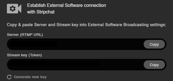 Stripchat's External Software connection popup showing the Server (RTMP URL) and Stream Key fields to copy